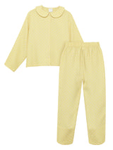 Luxury jacquard pajama set in canary yellow. Top features heirloom pearl buttons.