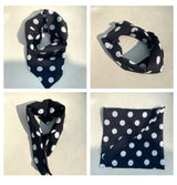Easy on off bandana face covering and scarf. Perfect for travel. Add style and interest to any outfit. 